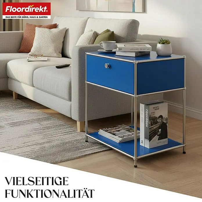 Floordirekt Metallregal Concept Epure MK-139 - 50 x 40 x 65 cm Blau - Anzahl Böden: 3 Stk., Schrauben, Blau - Elegantes blaues Nachttischchen mit Schublade und Ablagefläche, ideal für Büro, Haus und Garten.