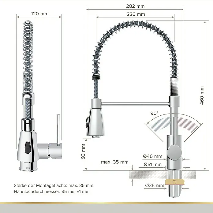 Lenz Spültischarmatur Kalani 2 - Chrom, Glänzend, Höhe: 46 cm, Messing - Abbildung einer Küchenarmatur mit ausziehbarer Brause und den zugehörigen Maßangaben.