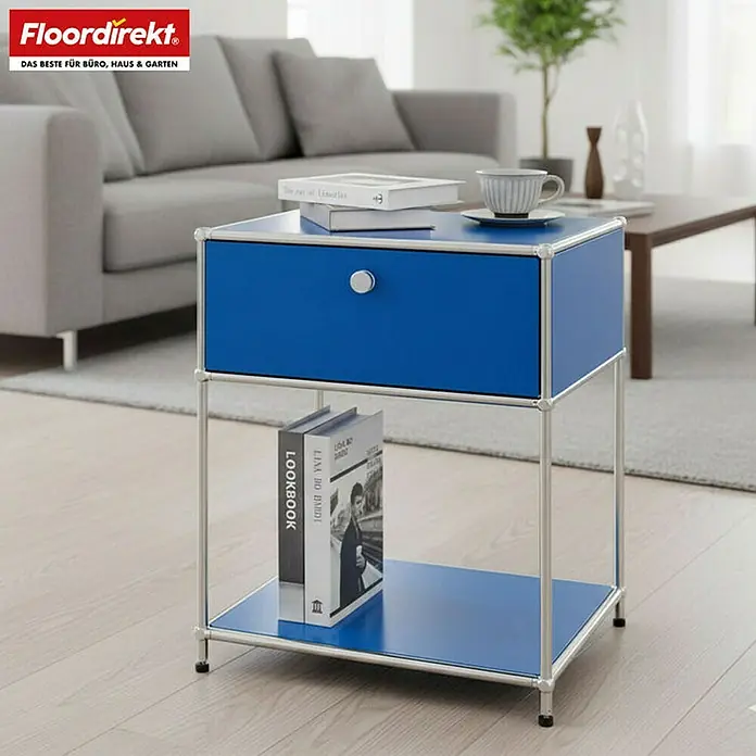 Floordirekt Metallregal Concept Epure MK-139 - 50 x 40 x 65 cm Blau - Anzahl Böden: 3 Stk., Schrauben, Blau - Elegantes blaues Nachttischchen mit Schublade und Ablagefläche. Ideal für Schlafzimmer oder Wohnzimmer.