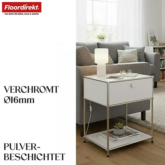 Floordirekt Metallregal Concept Epure MK-139 - 50 x 40 x 65 cm Weiß - H x B x T: 65 x 50 x 40 cm, Anzahl Böden: 3 Stk., Schrauben, Weiß - Nachttisch mit verchromtem Metallrahmen, Ablage und Schublade. Praktisch für Schlaf- und Wohnzimmer.