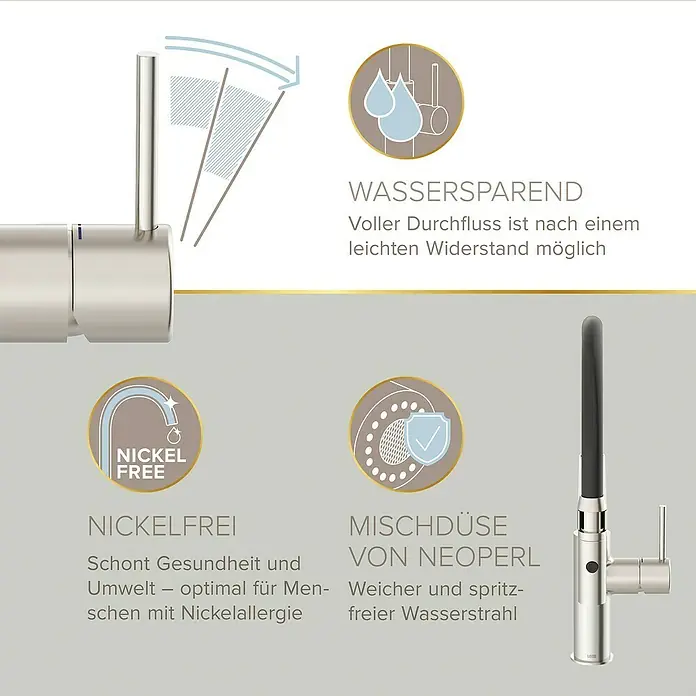 Lenz Spültischarmatur Nalu - Nickel/Schwarz, Matt - Bild einer Armatur mit Hinweisen zu Wassersparen, Nickelfreiheit und Mischdüse für weichen Wasserstrahl.
