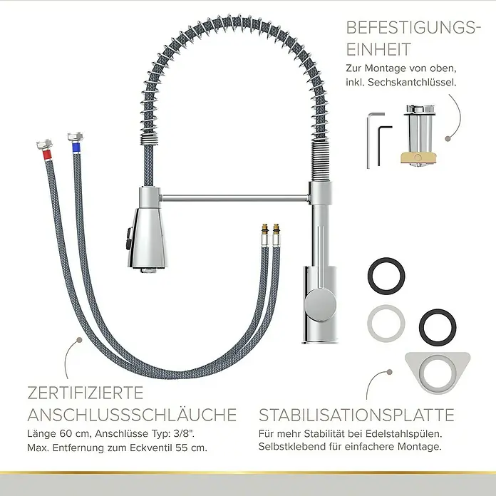 Lenz Spültischarmatur Kalani 2 - Chrom, Glänzend, Höhe: 46 cm, Messing - Bild einer Küchenarmatur mit flexibler Brause und Zubehörteilen für die Montage.