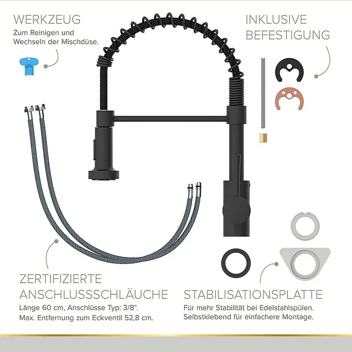 Lenz Spültischarmatur Nova - Schwarz, Matt - Bild einer schwarzen Küchenarmatur mit Zubehör und Montageanleitung.
