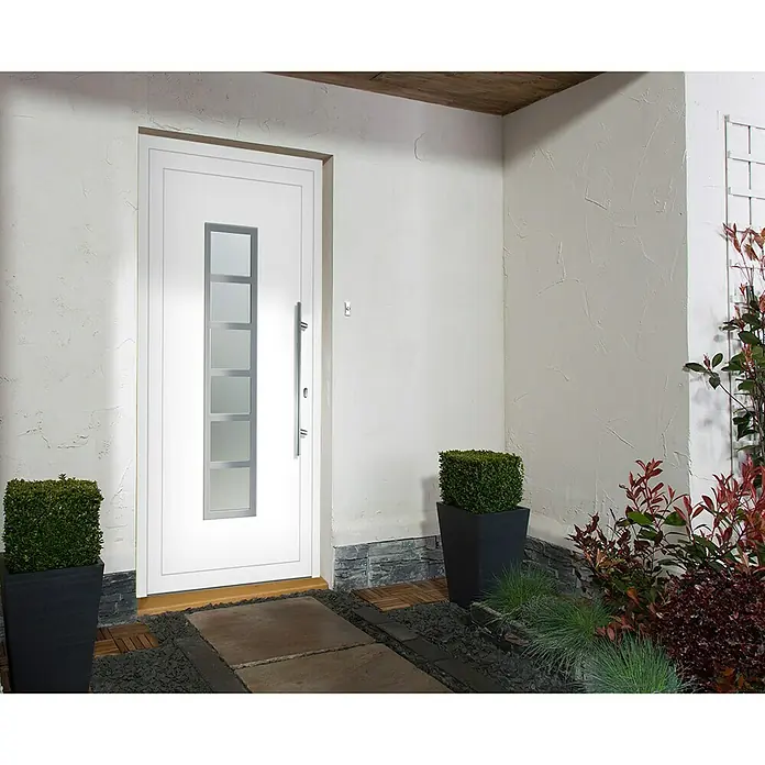 Solid Elements Haustür KA-106 - 100 x 200 cm, DIN Anschlag: Rechts - Elegante, moderne Haustür in Weiß mit Glaseinsätzen. Die Tür verfügt über einen schlanken, vertikalen Griff aus Edelstahl.