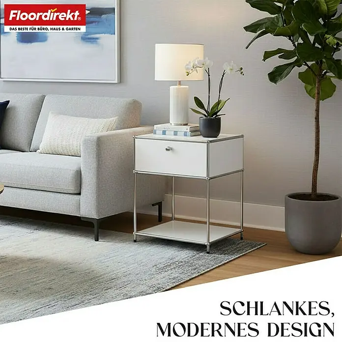 Floordirekt Metallregal Concept Epure MK-139 - 50 x 40 x 65 cm Weiß - H x B x T: 65 x 50 x 40 cm, Anzahl Böden: 3 Stk., Schrauben, Weiß - Stilvoller Nachttisch mit Schublade und Ablagefläche. Ideal für moderne Wohnräume, bietet Funktionalität und elegantes Design.