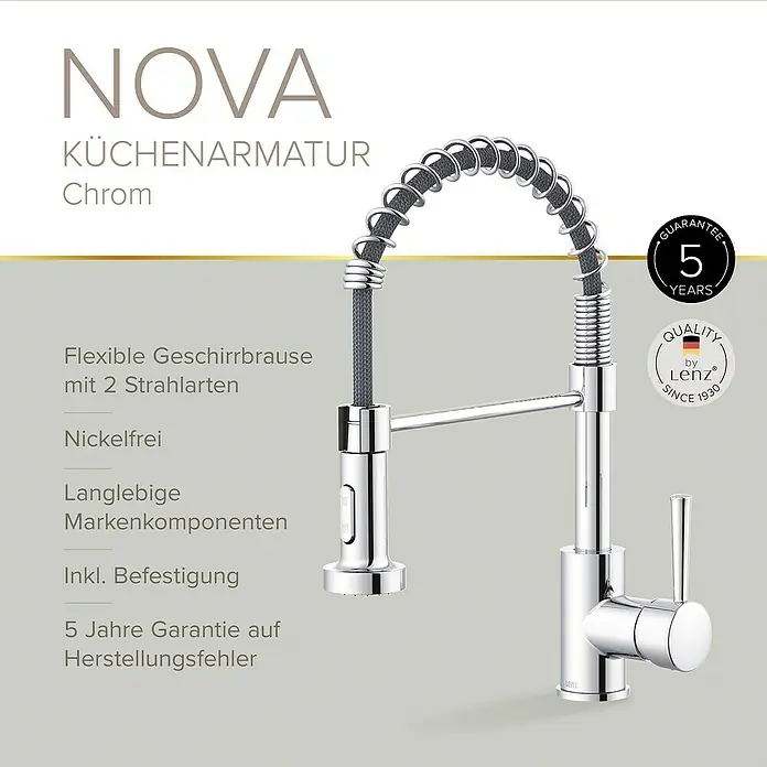 Lenz Spültischarmatur Nova - Chrom, Glänzend - Produktansicht: NOVA Küchenarmatur Chrom mit flexiblem Geschirrbrause, nickelfrei und langer Lebensdauer. Inklusive 5 Jahre Garantie.