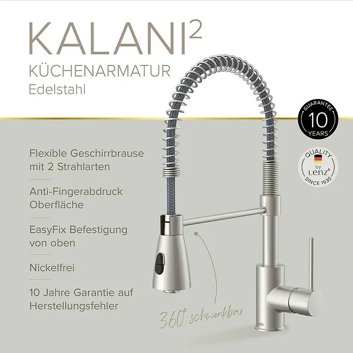 Lenz Spültischarmatur Kalani 2 - Edelstahl, Matt, Höhe: 46 cm, Messing - Abbildung einer Küchenarmatur KALANI², aus Edelstahl mit flexiblem Auslauf und 10 Jahren Garantie.