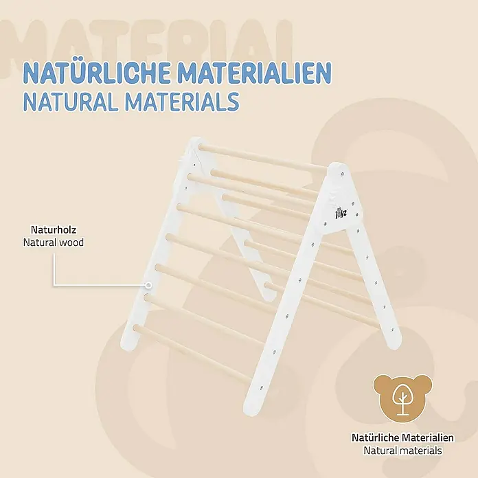 ECD Germany Klettergerüst Kletterdreieck trainiert Gleichgewicht & Balance ab 2 Jahren - 73 x 72 x 70 cm, Holz, Braun, Weiß - Ein naturfarbenes Jupiduu Klettergerüst aus Holz mit weißen Seitenteilen, ideal für Kinder, um ihre motorischen Fähigkeiten zu entwickeln.