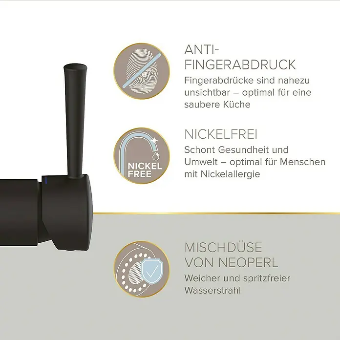 Lenz Spültischarmatur Nova - Schwarz, Matt - Das Bild zeigt eine Spültischarmatur mit den Hinweisen: Anti-Fingerabdruck, Nickelfrei und Mischdüse von Neoperl für eine saubere Küche.