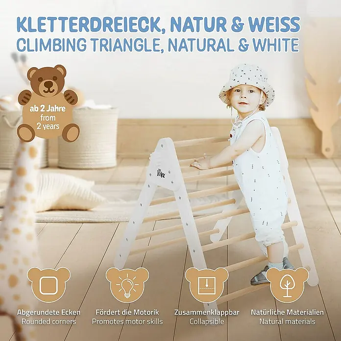 ECD Germany Klettergerüst Kletterdreieck trainiert Gleichgewicht & Balance ab 2 Jahren - 73 x 72 x 70 cm, Holz, Braun, Weiß - Kletterdreieck aus Holz in Natur und Weiß, geeignet für Kinder ab 2 Jahren, mit abgerundeten Ecken und zusammenklappbar.