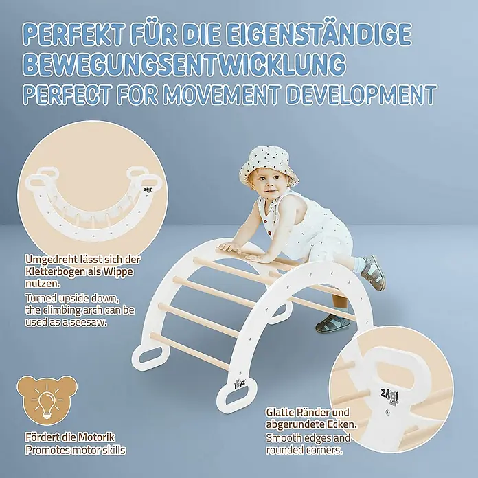 ECD Germany Klettergerüst Kletterbogen trainiert Gleichgewicht & Balance ab 2 Jahren - 89 x 52 x 45,5 cm, Holz, Braun, Weiß - Das Klettergerüst fördert die Bewegung. Es hat glatte Kanten und kann als Wippe verwendet werden.