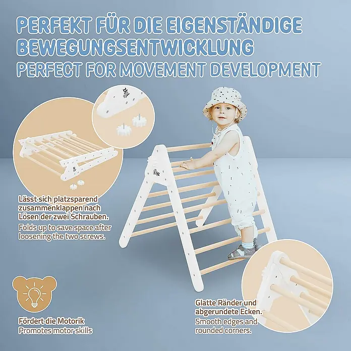 ECD Germany Klettergerüst Kletterdreieck trainiert Gleichgewicht & Balance ab 2 Jahren - 73 x 72 x 70 cm, Holz, Braun, Weiß - Das Dreiecks-Klettergerüst fördert die kindliche Entwicklung und lässt sich platzsparend zusammenklappen.