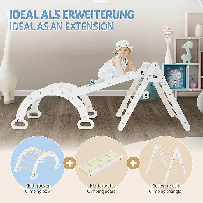 ECD Germany Klettergerüst Kletterbogen trainiert Gleichgewicht & Balance ab 2 Jahren - 89 x 52 x 45,5 cm, Holz, Braun, Weiß - Das Bild zeigt ein vielseitiges Kletterset für Kinder, bestehend aus Kletterbogen, -brett und -dreieck, ideal zur Erweiterung der Spielmöglichkeiten.
