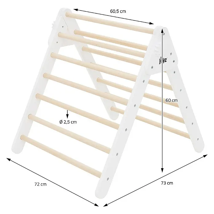 ECD Germany Klettergerüst Kletterdreieck trainiert Gleichgewicht & Balance ab 2 Jahren - 73 x 72 x 70 cm, Holz, Braun, Weiß - Produktdarstellung: Ein weißes Indoor-Klettergerüst für Kinder mit Holzsprossen und Maßangaben.