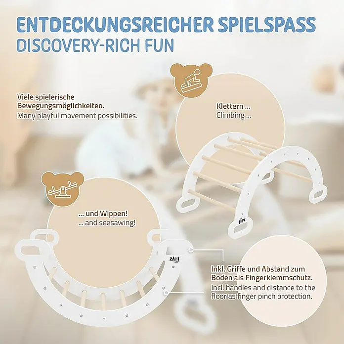 ECD Germany Klettergerüst Kletterbogen trainiert Gleichgewicht & Balance ab 2 Jahren - 89 x 52 x 45,5 cm, Holz, Braun, Weiß - Bild eines Spielzeugs, das sowohl zum Klettern als auch zum Wippen verwendet werden kann, was vielfältige Bewegungsmöglichkeiten bietet.