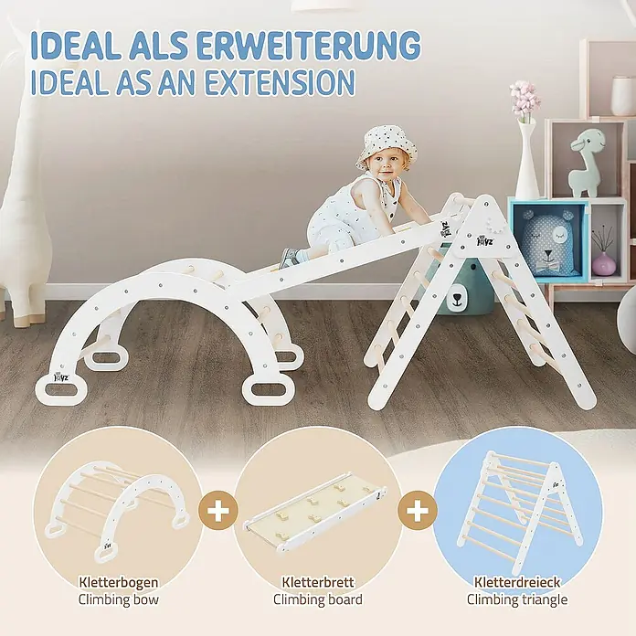 ECD Germany Klettergerüst Kletterdreieck trainiert Gleichgewicht & Balance ab 2 Jahren - 73 x 72 x 70 cm, Holz, Braun, Weiß - Kletterbogen, Kletterbrett und Kletterdreieck bilden ein weißes Klettergerüst für Babys und Kleinkinder.