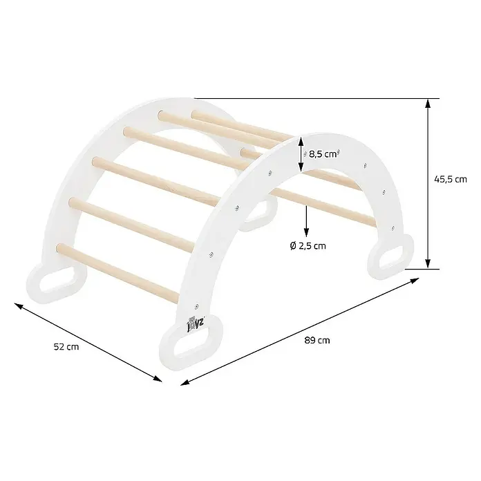 ECD Germany Klettergerüst Kletterbogen trainiert Gleichgewicht & Balance ab 2 Jahren - 89 x 52 x 45,5 cm, Holz, Braun, Weiß - Produktbild eines weißen Kletterbogens mit Holzsprossen und Maßangaben. Das Spielgerät ist 89 cm lang, 52 cm breit und 45,5 cm hoch.