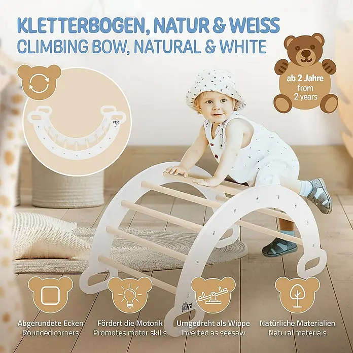 ECD Germany Klettergerüst Kletterbogen trainiert Gleichgewicht & Balance ab 2 Jahren - 89 x 52 x 45,5 cm, Holz, Braun, Weiß - Produktbild: Kletterbogen aus Naturholz und Weiß, fördert die Motorik von Kindern ab 2 Jahren, abgerundete Ecken und natürliche Materialien.
