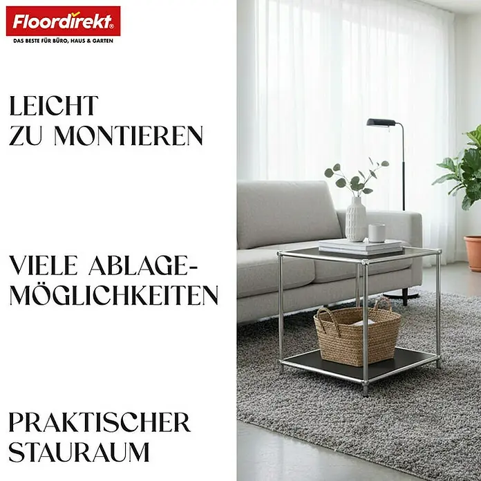 Floordirekt Metallregal Concept Epure MK-012 - 40 x 40 x 46 cm Schwarz - H x B x T: 46 x 40 x 40 cm, Anzahl Böden: 2 Stk., Schrauben, Schwarz - Das Bild zeigt einen quadratischen Beistelltisch mit zwei Ablageflächen. Der Tisch ist silberfarben und hat eine schwarze Ablagefläche.