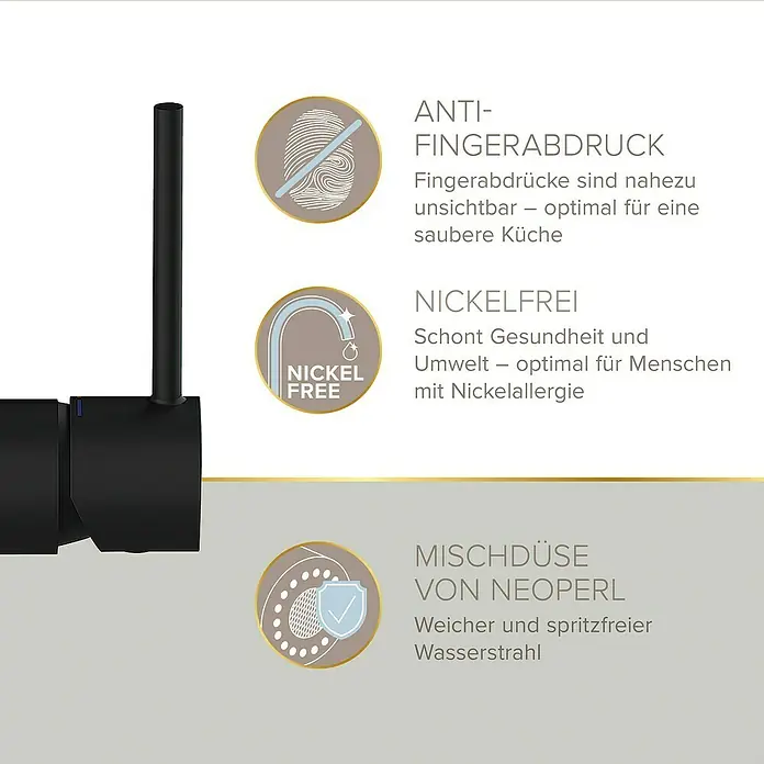 Lenz Spültischarmatur Kalani 2 - Schwarz, Matt, Höhe: 46 cm, Messing - Produktbild mit hervorgehobenen Merkmalen wie Anti-Fingerabdruck, Nickelfreiheit und Mischdüse von Neoperl.