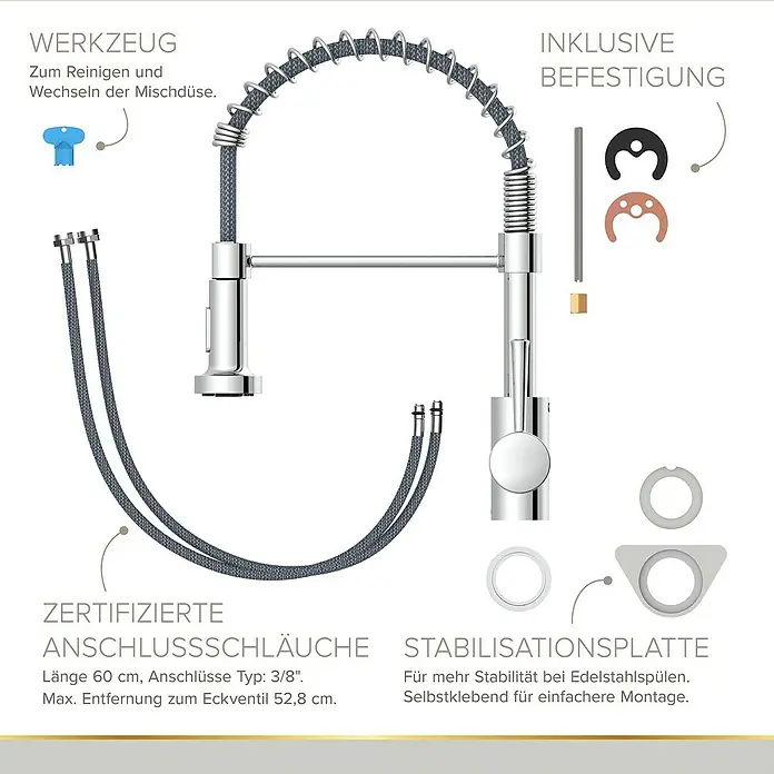 Lenz Spültischarmatur Nova - Chrom, Glänzend - Produktabbildung einer Küchenarmatur mit Zubehör zur Montage, inklusive Werkzeug zur Reinigung und Stabilisierungsplatte für mehr Stabilität.