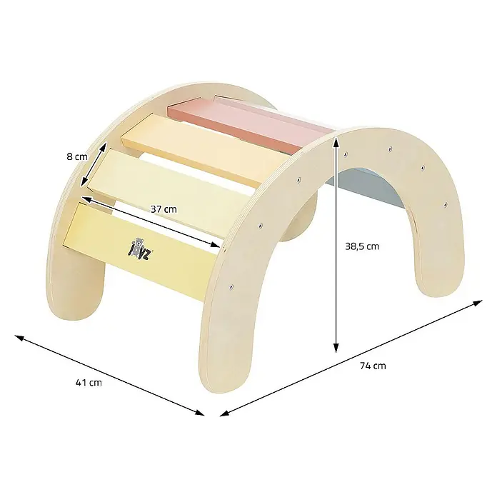 ECD Germany Klettergerüst Kletterbogen trainiert Gleichgewicht & Balance ab 2 Jahren - 74 x 41 x 38,5 cm, Holz, Mehrfarbig - Produktbild eines bunten Kletterbogens aus Holz mit Maßangaben. Ideal für Kinder zum Spielen und Klettern, fördert die Motorik.