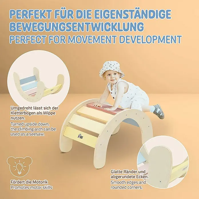 ECD Germany Klettergerüst Kletterbogen trainiert Gleichgewicht & Balance ab 2 Jahren - 74 x 41 x 38,5 cm, Holz, Mehrfarbig - Das Bild zeigt einen Kletterbogen aus Holz mit abgerundeten Ecken, der sich auch als Wippe nutzen lässt, um die motorischen Fähigkeiten zu fördern.