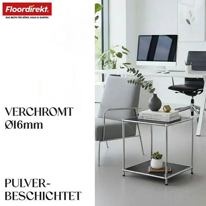 Floordirekt Metallregal Concept Epure MK-012 - 40 x 40 x 46 cm Schwarz - H x B x T: 46 x 40 x 40 cm, Anzahl Böden: 2 Stk., Schrauben, Schwarz - Elegantes, modernes Beistelltischchen mit schwarzer Ablage und verchromtem Gestell. Ideal für Wohn- oder Bürobereiche, bringt Stil und Funktionalität.
