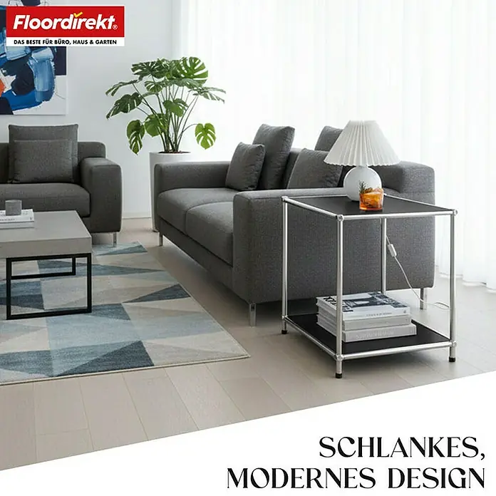 Floordirekt Metallregal Concept Epure MK-012 - 40 x 40 x 46 cm Schwarz - H x B x T: 46 x 40 x 40 cm, Anzahl Böden: 2 Stk., Schrauben, Schwarz - Wohnzimmer-Szene mit grauem Sofa, Sessel, Couchtisch und Beistelltisch. Schlankes, modernes Design für Büro, Haus und Garten.