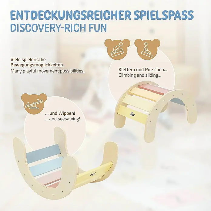 ECD Germany Klettergerüst Kletterbogen trainiert Gleichgewicht & Balance ab 2 Jahren - 74 x 41 x 38,5 cm, Holz, Mehrfarbig - Vielseitiges Spielzeug mit Wippe und Kletterbogen für abwechslungsreichen Spielspaß und Förderung der Motorik.