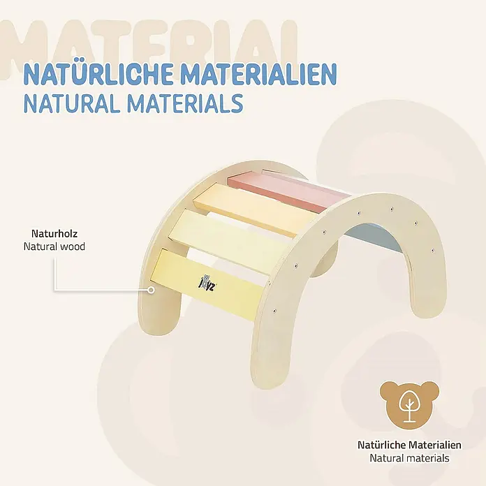 ECD Germany Klettergerüst Kletterbogen trainiert Gleichgewicht & Balance ab 2 Jahren - 74 x 41 x 38,5 cm, Holz, Mehrfarbig - Bild eines hölzernen Kletterbogens für Kinder, hergestellt aus natürlichen Materialien, in sanften Pastelltönen.