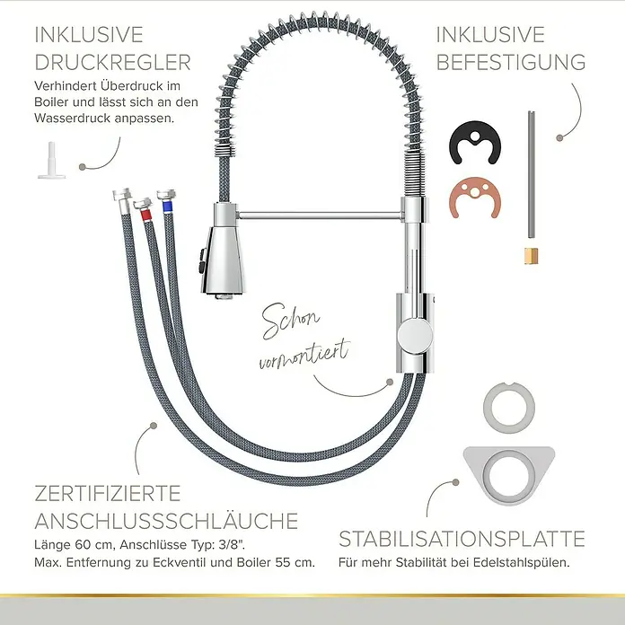 Lenz Spültischarmatur Kalani - Niederdruck, Chrom, Glänzend - Eine Spültischarmatur mit ausziehbarer Brause und verschiedenen Zubehörteilen, dargestellt auf einem neutralen Hintergrund.
