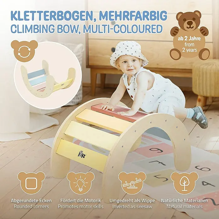 ECD Germany Klettergerüst Kletterbogen trainiert Gleichgewicht & Balance ab 2 Jahren - 74 x 41 x 38,5 cm, Holz, Mehrfarbig - Mehrfarbiger Kletterbogen für Kinder ab 2 Jahren, fördert Motorik und ist aus natürlichen Materialien gefertigt.