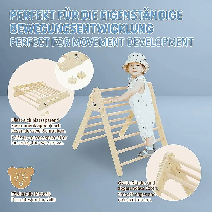 ECD Germany Klettergerüst Kletterdreieck trainiert Gleichgewicht & Balance ab 2 Jahren - 73 x 72 x 70 cm, Holz, Braun - Bild einer Holzleiter für Kinder, die sich zur Aufbewahrung zusammenklappen lässt.