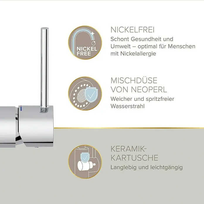 Lenz Spültischarmatur Kalani 2 - Chrom, Glänzend, Höhe: 46 cm, Messing - Das Bild zeigt eine detaillierte Ansicht eines Wasserhahns mit Beschreibungen der Nickel-freien, Mischdüse und Keramik-Kartusche.