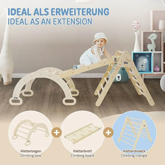 ECD Germany Klettergerüst Kletterdreieck trainiert Gleichgewicht & Balance ab 2 Jahren - 73 x 72 x 70 cm, Holz, Braun - Produktbild eines Klettersets für Kinder, bestehend aus Kletterbogen, Kletterbrett und Kletterdreieck, ideal als Erweiterung für den Spielbereich.