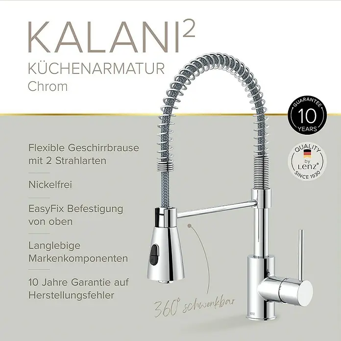 Lenz Spültischarmatur Kalani 2 - Chrom, Glänzend, Höhe: 46 cm, Messing - Abbildung einer KALANI² Küchenarmatur aus Chrom mit flexiblem Geschirrbrausekopf und 10 Jahren Garantie.