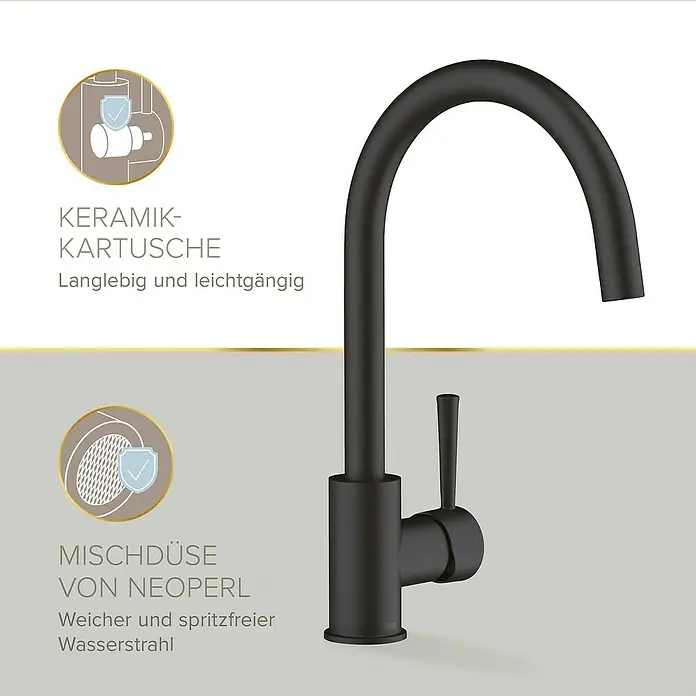 Lenz Spültischarmatur Mana - Schwarz, Matt - Schwarzer Wasserhahn mit hohem Auslauf und Einhebelmischer für moderne Küchen und Badezimmer.