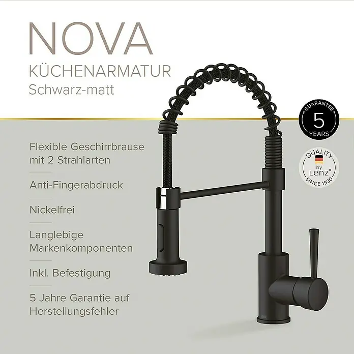 Lenz Spültischarmatur Nova - Schwarz, Matt - Abbildung einer schwarzen NOVA Küchenarmatur mit flexiblem Geschirrbrause und 5 Jahren Garantie.