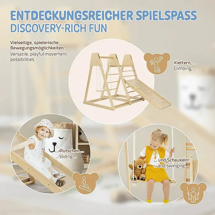 ECD Germany Klettergerüst 3in1 Multifunktions Kletterturm, Gleichgewicht & Balance ab 3 Jahren - 121 x 112 x 127 cm, Holz, Braun - Klettergerüst mit Rutsche und Schaukel für Kinder, vielseitiger Spielspaß für drinnen und draußen.