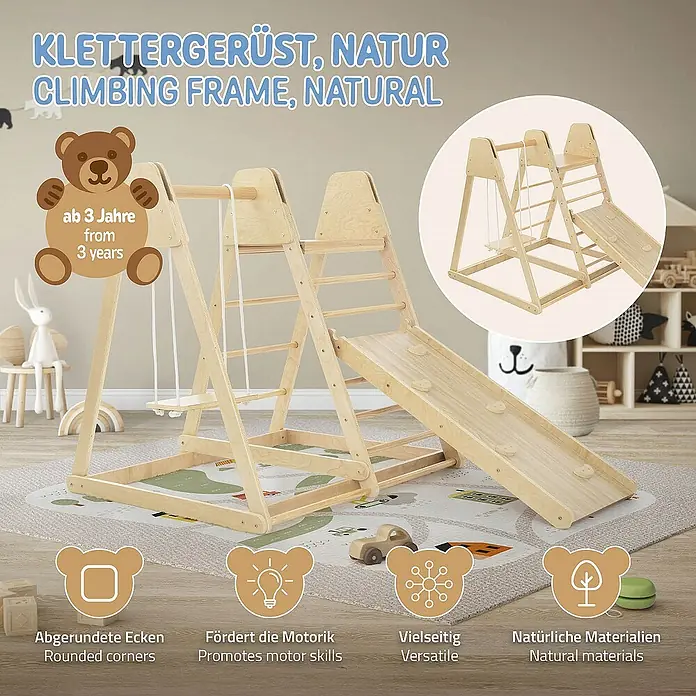 ECD Germany Klettergerüst 3in1 Multifunktions Kletterturm, Gleichgewicht & Balance ab 3 Jahren - 121 x 112 x 127 cm, Holz, Braun - Klettergerüst aus Naturholz mit Rutsche und Schaukel, geeignet ab 3 Jahren. Fördert Motorik und bietet vielseitige Spielmöglichkeiten.