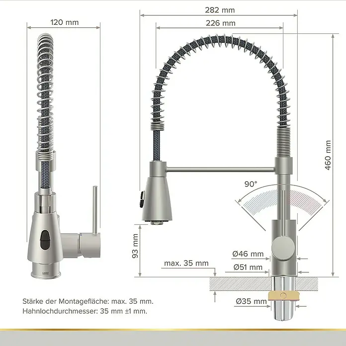 Lenz Spültischarmatur Kalani 2 - Edelstahl, Matt, Höhe: 46 cm, Messing - Produktabbildung mit Maßangaben einer Küchenarmatur in gebürstetem Nickel mit schwenkbarem Auslauf und flexiblem Schlauch für präzises Arbeiten.