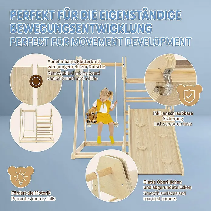 ECD Germany Klettergerüst 3in1 Multifunktions Kletterturm, Gleichgewicht & Balance ab 3 Jahren - 121 x 112 x 127 cm, Holz, Braun - Holzspielplatz mit Kletterwand, Rutsche und Schaukel für die motorische Entwicklung von Kindern.