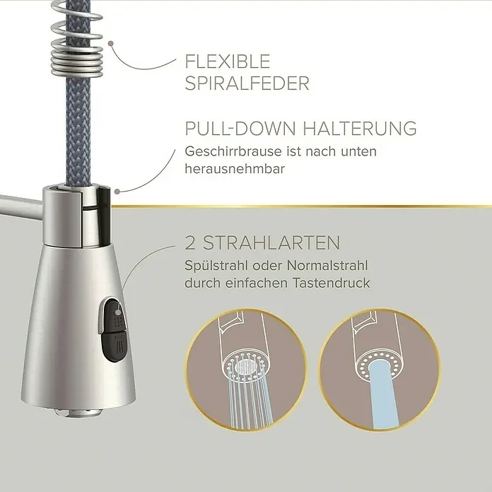 Lenz Spültischarmatur Kalani 2 - Edelstahl, Matt, Höhe: 46 cm, Messing - Eine Nahaufnahme einer Küchenarmatur mit flexiblem Spiralfederdesign und zwei Strahlarten.
