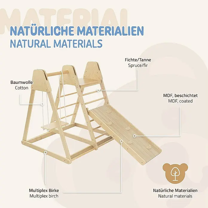 ECD Germany Klettergerüst 3in1 Multifunktions Kletterturm, Gleichgewicht & Balance ab 3 Jahren - 121 x 112 x 127 cm, Holz, Braun - Das Bild zeigt ein Indoor-Klettergerüst mit Rutsche, bestehend aus Holz und Baumwolle. Die Materialien sind natürlich und kindgerecht.