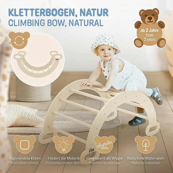 ECD Germany Klettergerüst Kletterbogen trainiert Gleichgewicht & Balance ab 2 Jahren - 89 x 52 x 45,5 cm, Holz, Braun - Produktbild eines Kletterbogens aus Naturmaterialien mit abgerundeten Ecken, der die Motorik fördert und umgedreht als Wippe verwendet werden kann.
