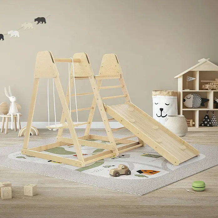 ECD Germany Klettergerüst 3in1 Multifunktions Kletterturm, Gleichgewicht & Balance ab 3 Jahren - 121 x 112 x 127 cm, Holz, Braun - Kinderspielplatz mit Klettergerüst, Schaukel und Rutsche aus Holz. Das perfekte Spielzeug für aktive Kinder, um ihre motorischen Fähigkeiten zu verbessern.