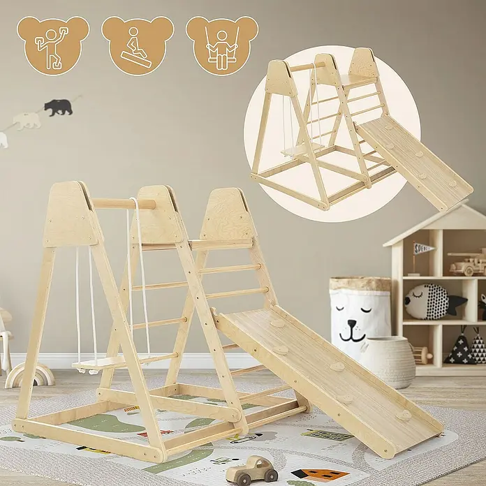 ECD Germany Klettergerüst 3in1 Multifunktions Kletterturm, Gleichgewicht & Balance ab 3 Jahren - 121 x 112 x 127 cm, Holz, Braun - Holz-Klettergerüst mit Rutsche und Schaukel für Kinder, ideal für aktiven Spaß im Innenbereich und zur Förderung der motorischen Fähigkeiten.