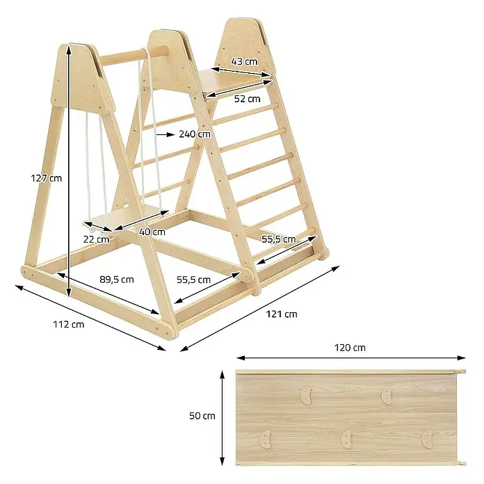 ECD Germany Klettergerüst 3in1 Multifunktions Kletterturm, Gleichgewicht & Balance ab 3 Jahren - 121 x 112 x 127 cm, Holz, Braun - Ein helles Holzspielgerät mit Kletterdreieck, Sprossenwand und Schaukel, inklusive Maßangaben.