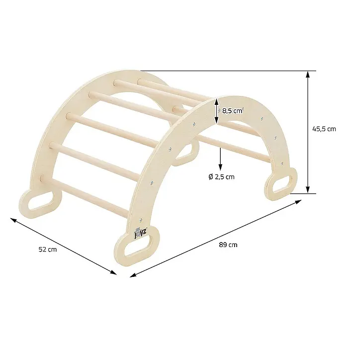 ECD Germany Klettergerüst Kletterbogen trainiert Gleichgewicht & Balance ab 2 Jahren - 89 x 52 x 45,5 cm, Holz, Braun - Abbildung eines hölzernen Kletterbogens für Kinder, der die Maße 89 cm Länge, 52 cm Breite und 45,5 cm Höhe zeigt.